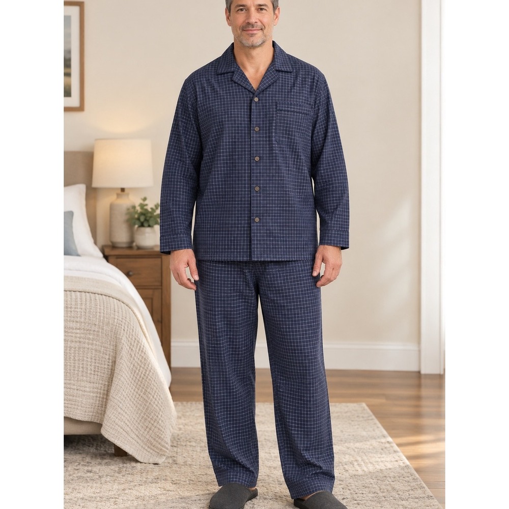Stafford Essentials Mens XL Navy Blue Grid Cotton Pajama Set Sleepwear 2pc PJs